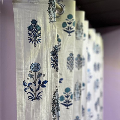 Navy Floral Delight Block Print Cotton Curtains