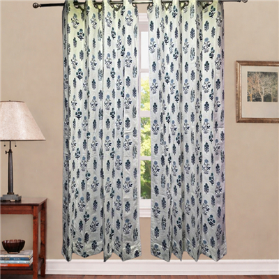Navy Floral Delight Block Print Cotton Curtains