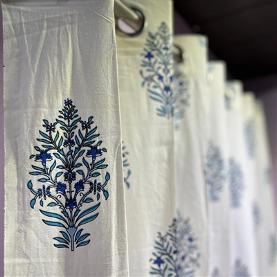 Azure Floral Elegance Cotton Curtains