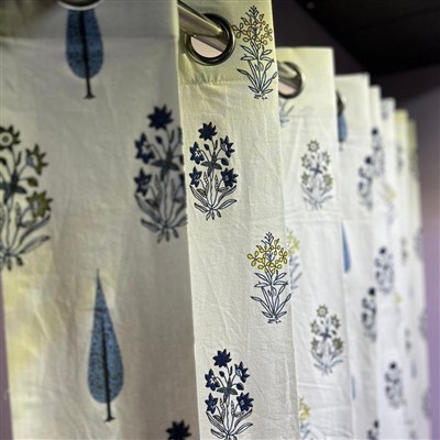 Navy Blossom Block Print Cotton Curtains