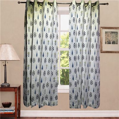 Navy Blossom Block Print Cotton Curtains