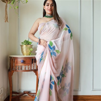 Blushing Flora Hand-Painted Chiffon Saree
