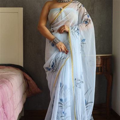 Sky Blossom Hand-Brush Painted Chiffon Saree