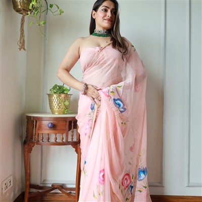 Blush Garden Hand-Brush Painted Chiffon Saree