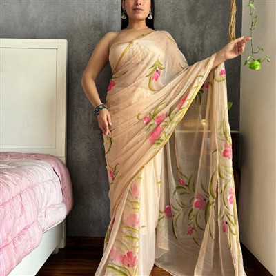 Beige Blossom Floral Chiffon Saree