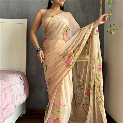Beige Blossom Floral Chiffon Saree