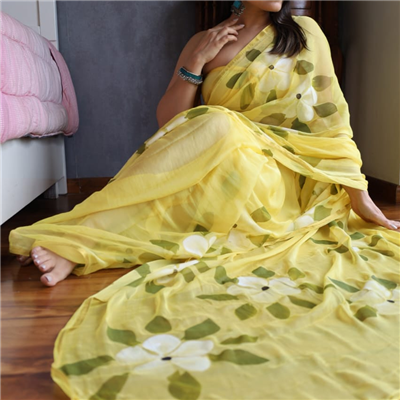 Lemon Floral Chiffon Saree