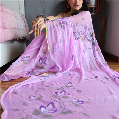 Lavender Blossom Hand-Painted Chiffon Saree