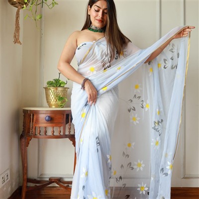 Floral Mirage Hand-Brush Painted Chiffon Saree