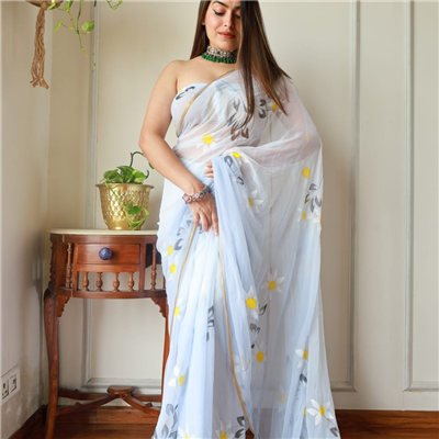 Floral Mirage Hand-Brush Painted Chiffon Saree