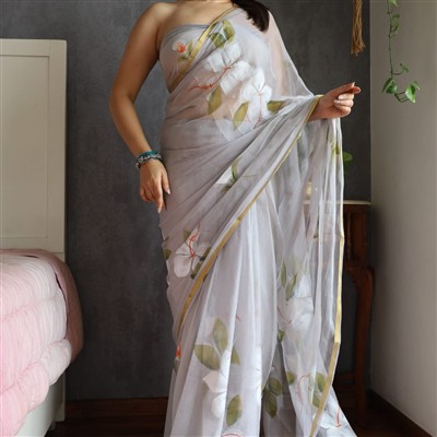 Light Gray Blossom Chiffon Saree