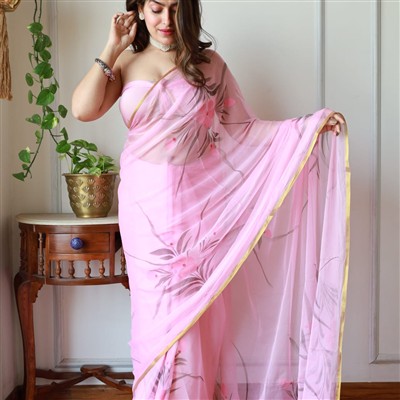 Pastel Petal Hand-Brush Painted Chiffon Saree