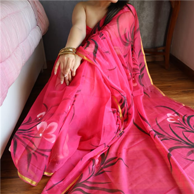 Fuchsia Floral Chiffon Saree