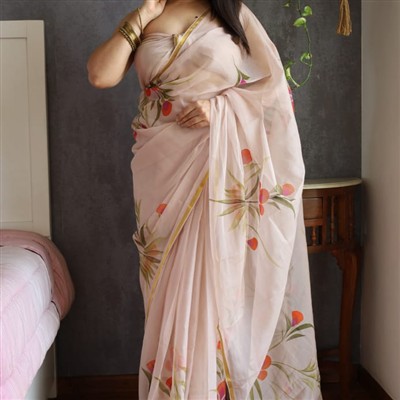 Coral Blossom Hand-Painted Chiffon Saree