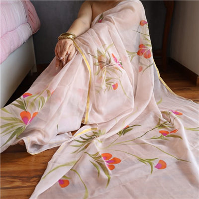Coral Blossom Hand-Painted Chiffon Saree