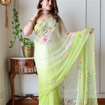Lime Blossom Chiffon Saree