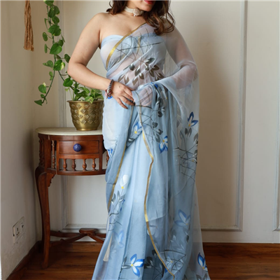 Azure Floral Chiffon Saree