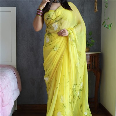 Canary Blossom Hand-Painted Chiffon Saree