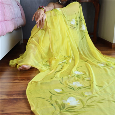 Canary Blossom Hand-Painted Chiffon Saree