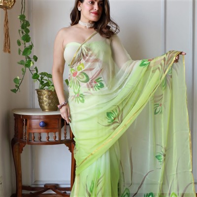 Lime Floral Chiffon Saree