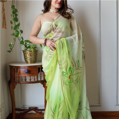 Lime Floral Chiffon Saree