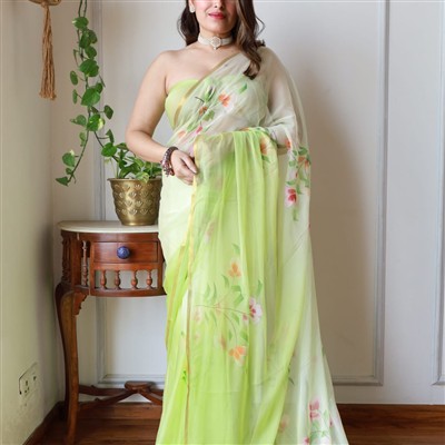 Lime Blossom Chiffon Saree