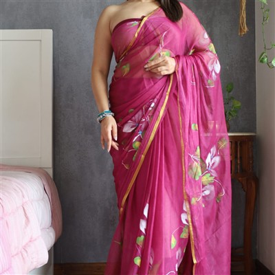 Fuchsia Floral Chiffon Saree