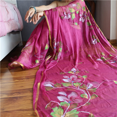 Fuchsia Floral Chiffon Saree
