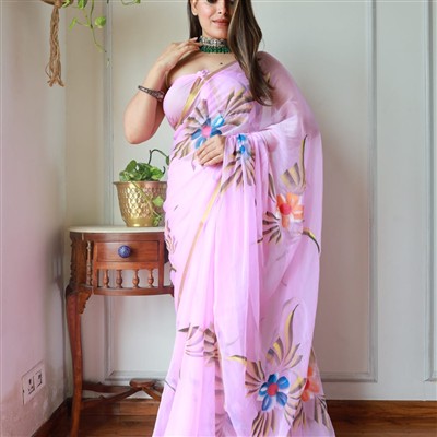 Charming Coral Floral Chiffon Saree