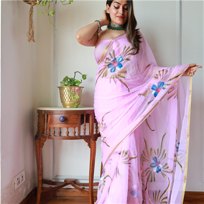 Charming Coral Floral Chiffon Saree