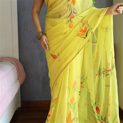 Lemon Floral Chiffon Saree
