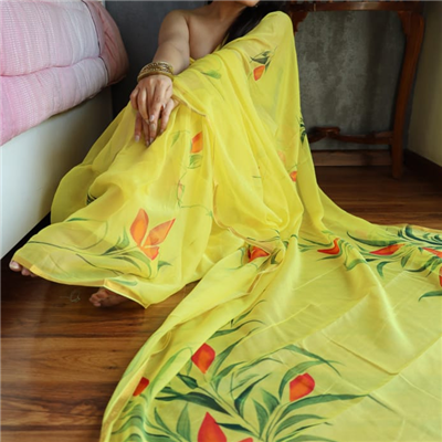 Lemon Floral Chiffon Saree