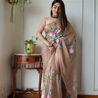 Beige Floral Chiffon Saree
