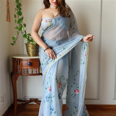 Serene Sky Floral Chiffon Saree