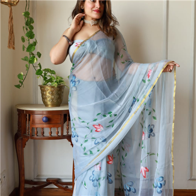 Serene Sky Floral Chiffon Saree