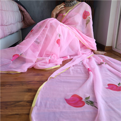 Coral Blossom Chiffon Saree