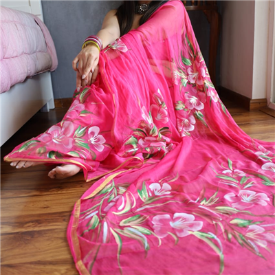 Vibrant Fuchsia Floral Chiffon Saree