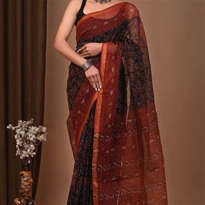 Burnt Sienna Floral Elegance Kota Doria Saree