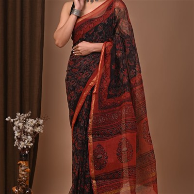 Crimson Floral Cascade Kota Doria Saree