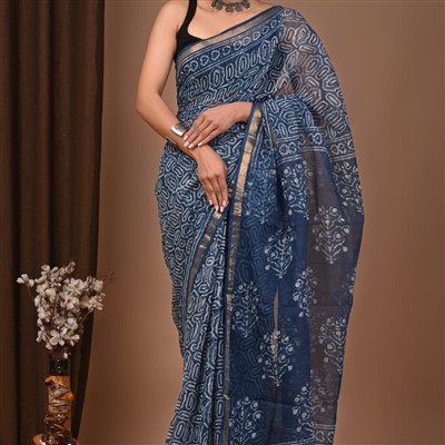 Navy Floral Harmony Kota Doria Saree
