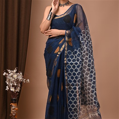 Navy Blossom Geometric Kota Doria Saree