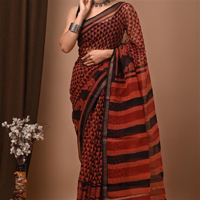 Crimson Geometric Elegance Kota Doria Saree
