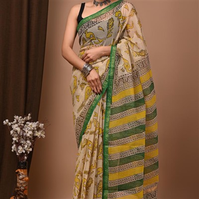 Sunset Blossom Hand Block Printed Kota Doria Saree