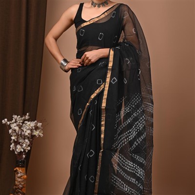 Midnight Geometric Elegance Kota Doria Saree