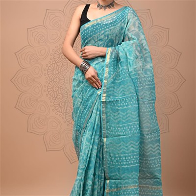 Aquamarine Wave Abstract Kota Doria Saree