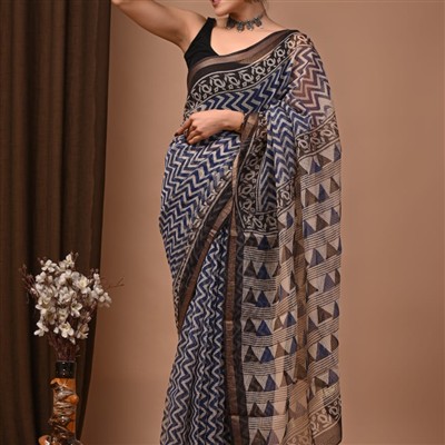Navy Zigzag Elegance Kota Doria Saree