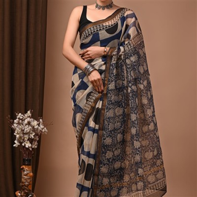 Navy Geometric Harmony Kota Doria Saree