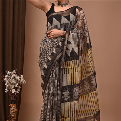 Midnight Geometric Elegance Kota Doria Saree