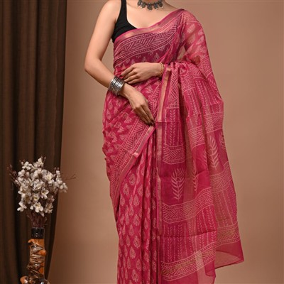 Fuchsia Blossom Geometric Kota Doria Saree