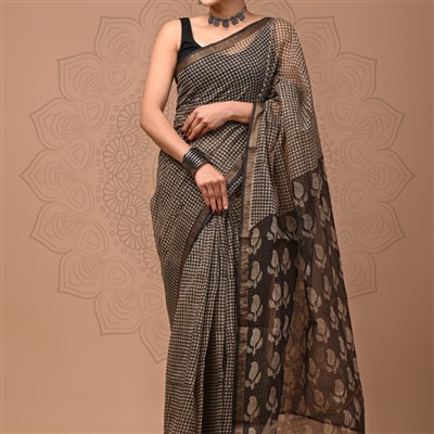 Midnight Geometric Floral Kota Doria Saree